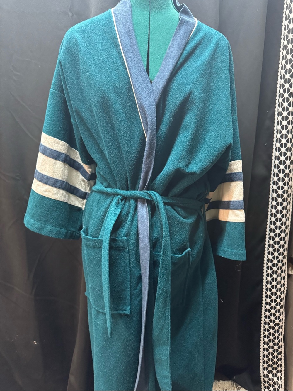 Men's Teal Bath Robe with Contrast Trim and Stripe Sleeve Detail